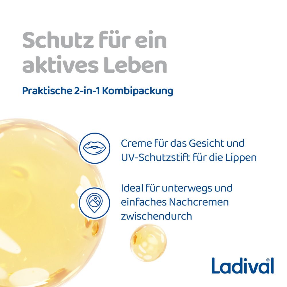 Gel-Tropfen und Text: Schutz für ein aktives Leben. Praktische 2-in-1 Kombipackung. Creme für Gesicht und UV-Schutzstift für Lippen.