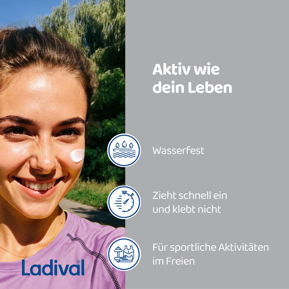 Frau lächelt. Text: Aktiv wie dein Leben. Wasserfest, zieht schnell ein, klebt nicht. Für sportliche Aktivitäten im Freien.