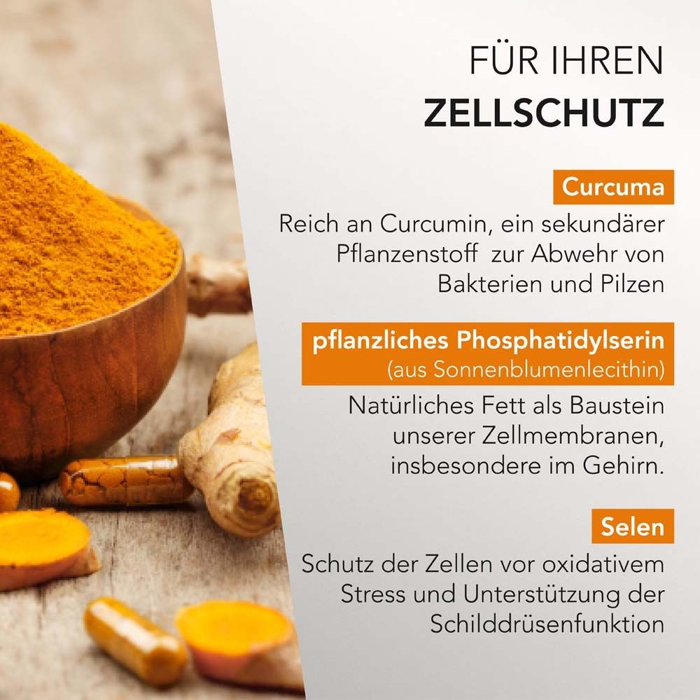 Holzschale mit Curcuma-Pulver, Ingwer und Kapseln. Text: Für Ihren Zellschutz. Reich an Curcumin. Pflanzliches Phosphatidylserin. Selen.