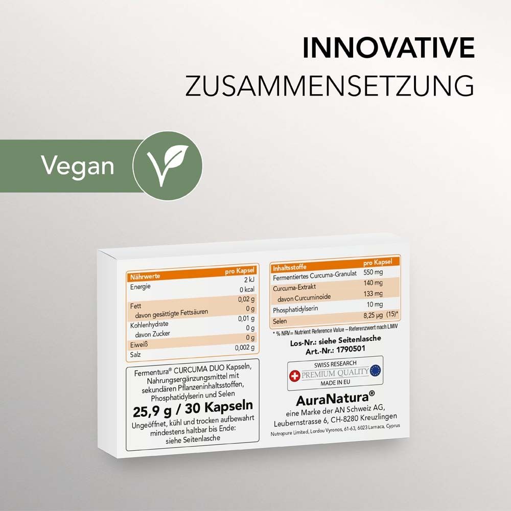 Produktverpackung mit Nährwertangaben. Text: Innovative Zusammensetzung. Vegan. Fermentura® CURCUMA DUO Kapseln. 25,9 g / 30 Kapseln.