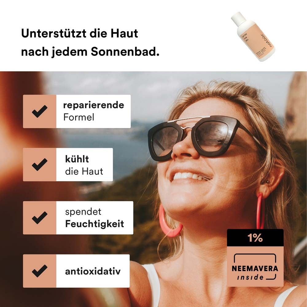 Frau mit Sonnenbrille. Produktabbildung: Flasche mit AFTER SUN GEL. Text: reparierende Formel, kühlt die Haut, spendet Feuchtigkeit, antioxidativ. 1% Neem.