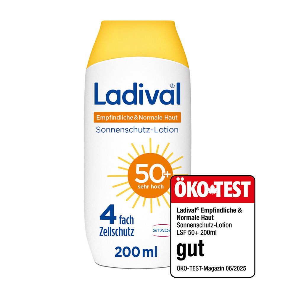 Weiße Flasche mit gelbem Deckel. Aufschrift: Ladival, Empfindliche & Normale Haut, Sonnenschutz-Lotion 50+. 4-fach Zellschutz. ÖKO-TEST Siegel.