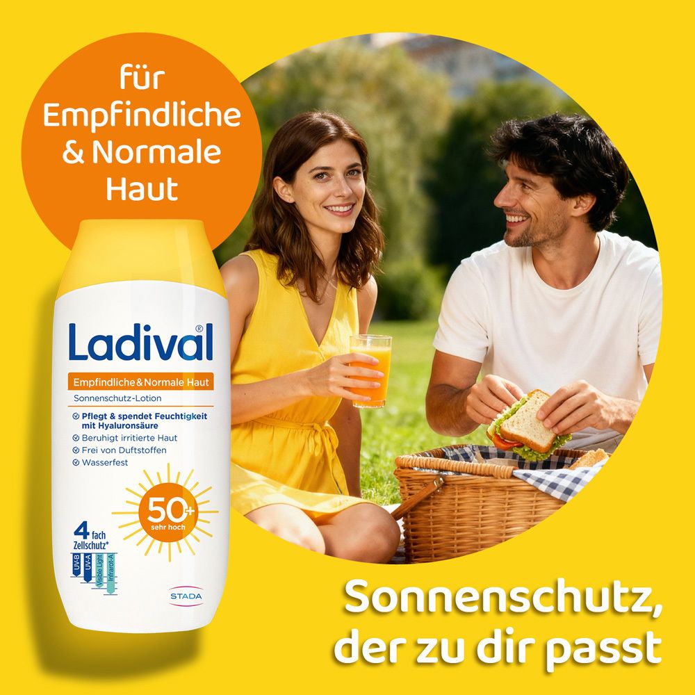 Frau und Mann sitzen im Freien. Flasche mit Ladival-Etikett. Text: Sonnenschutz, der zu dir passt.