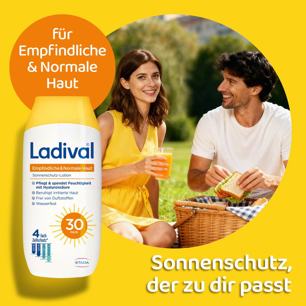 Paar beim Picknick. Sonnenlotion-Flasche. Text: Für empfindliche & normale Haut. Sonnenschutz, der zu dir passt.