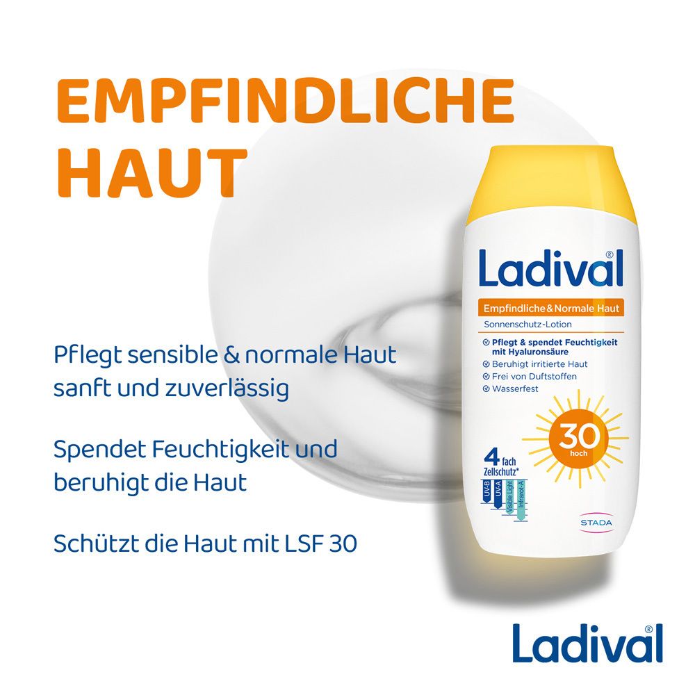 Sonnenlotion-Flasche neben einer transparenten Flüssigkeit. Text: Empfindliche Haut, pflegt, spendet Feuchtigkeit, schützt mit LSF 30.