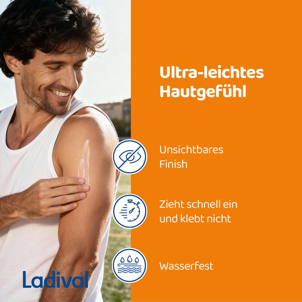 Mann trägt Sonnenlotion auf. Text: Ultra-leichtes Hautgefühl, unsichtbares Finish, zieht schnell ein, wasserfest. Ladival Logo.
