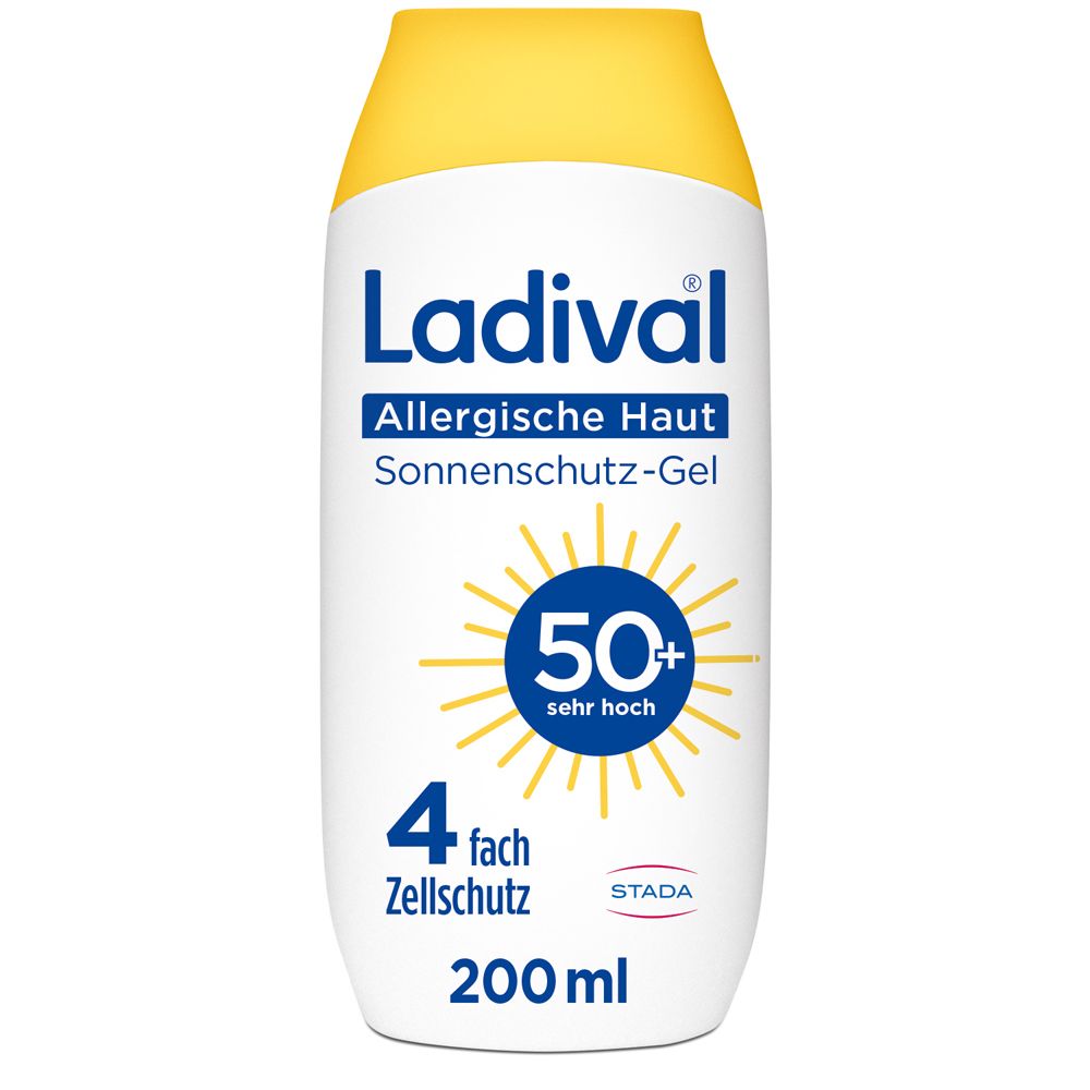 Weiße Flasche mit gelbem Deckel. Aufschrift: Ladival Allergische Haut Sonnenschutz-Gel LSF 50+. 200 ml.