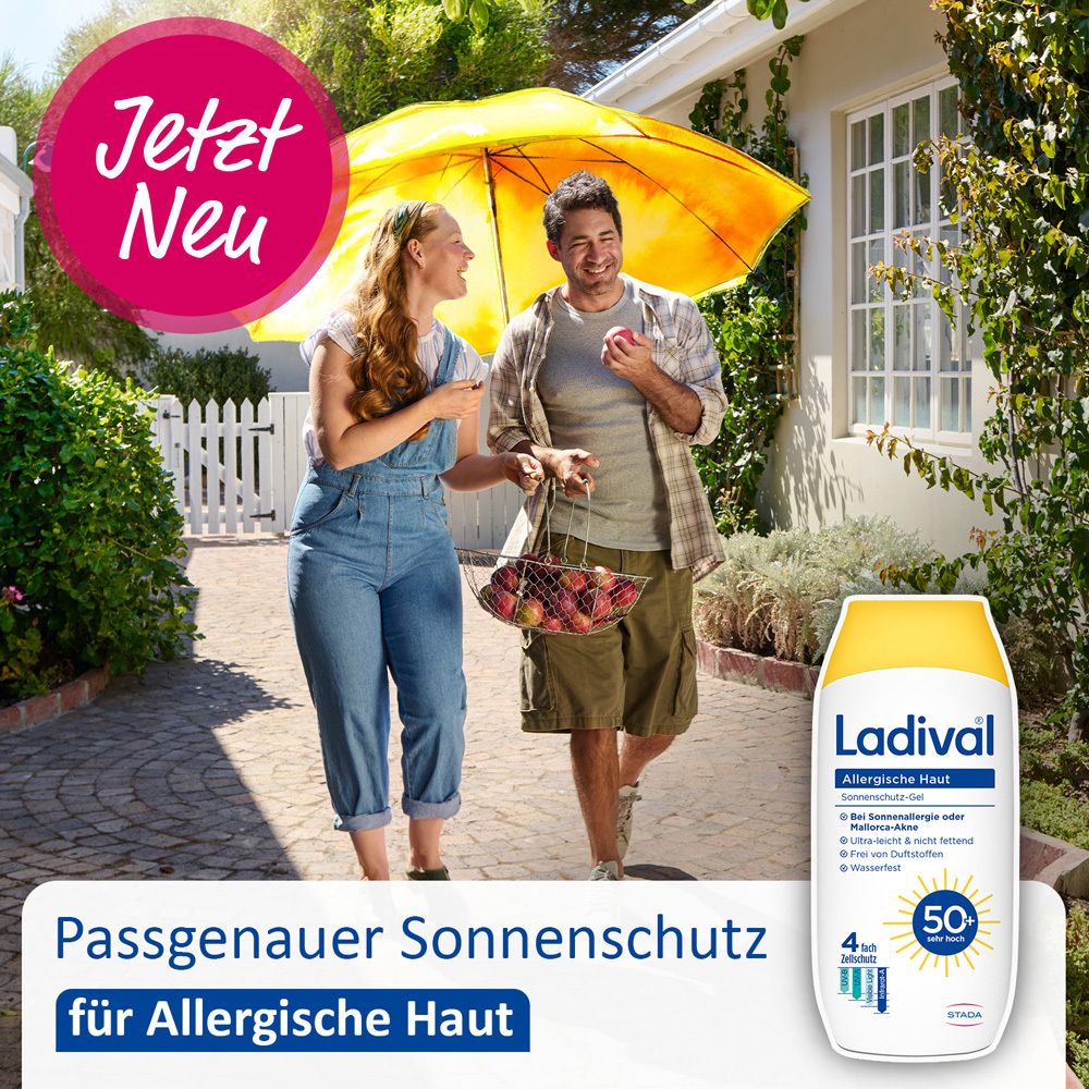 Paar unter Sonnenschirm. Ladival-Flasche. Text: Passgenauer Sonnenschutz für Allergische Haut. Jetzt Neu.