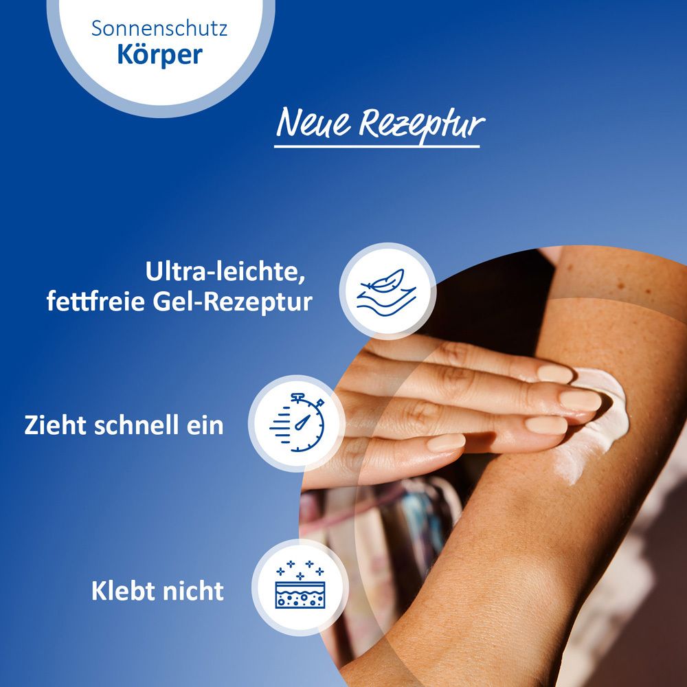 Blauer Hintergrund. Text: Sonnenschutz Körper. Ultra-leichte Gel-Rezeptur. Zieht schnell ein. Klebt nicht.
