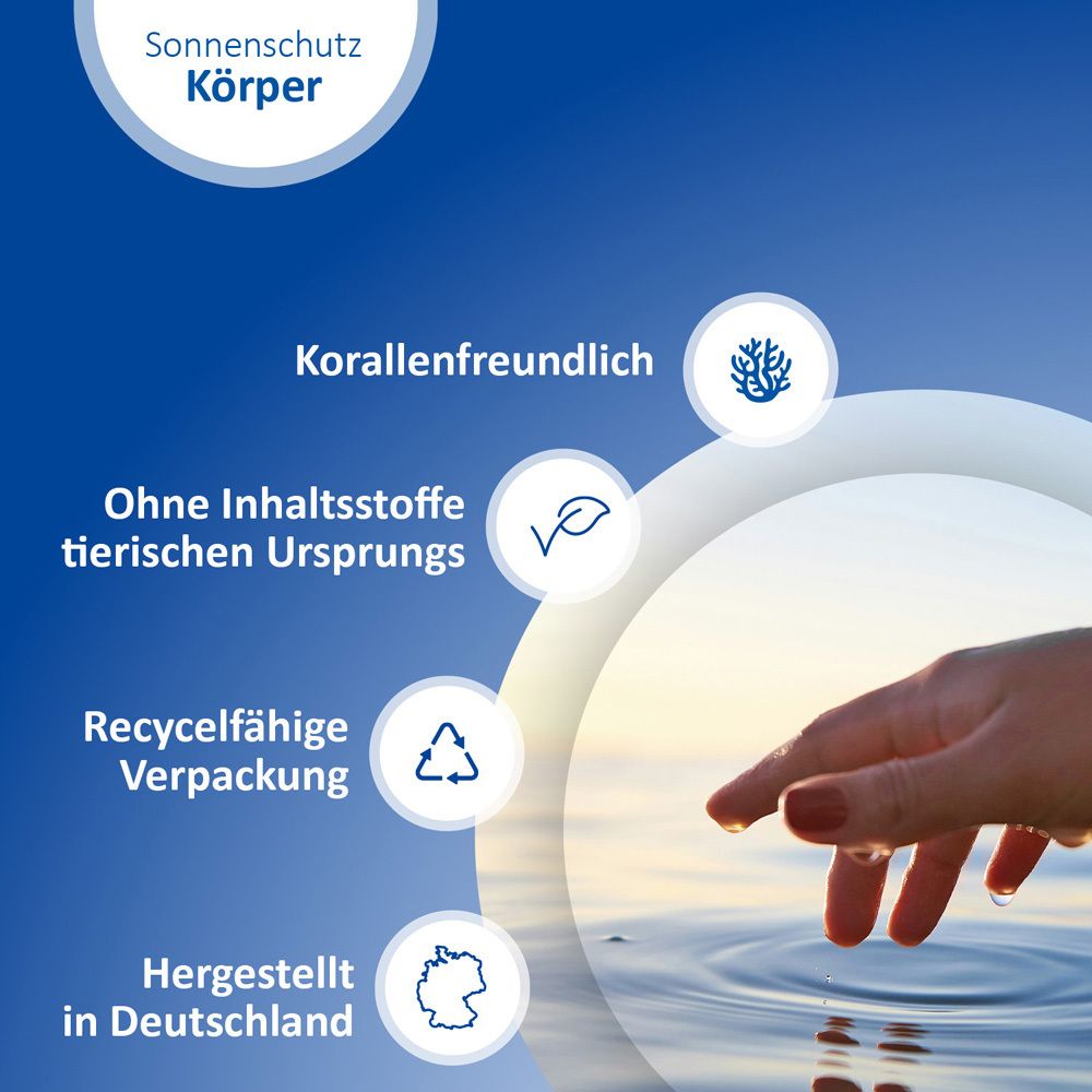 Blauer Hintergrund. Text: Korallenfreundlich. Ohne Inhaltsstoffe tierischen Ursprungs. Recycelbare Verpackung.