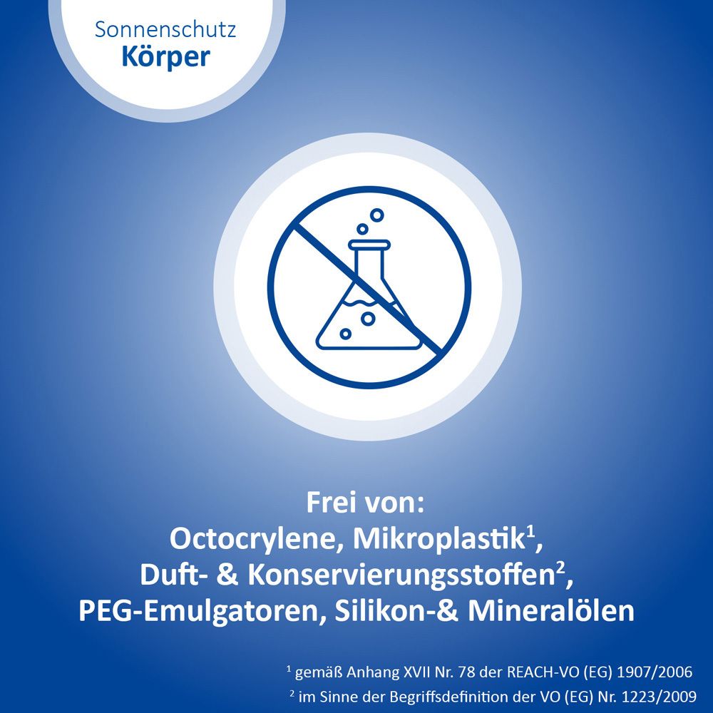 Blauer Hintergrund. Text: Frei von Octocrylene, Mikroplastik, Duft- & Konservierungsstoffen, PEG-Emulgatoren, Silikon-& Mineralölen.