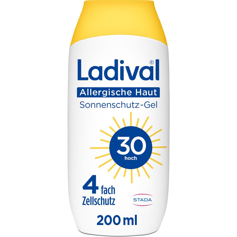 Weiße Flasche mit gelbem Deckel. Aufschrift: Ladival, Allergische Haut Sonnenschutz-Gel, LSF 30. 200 ml.