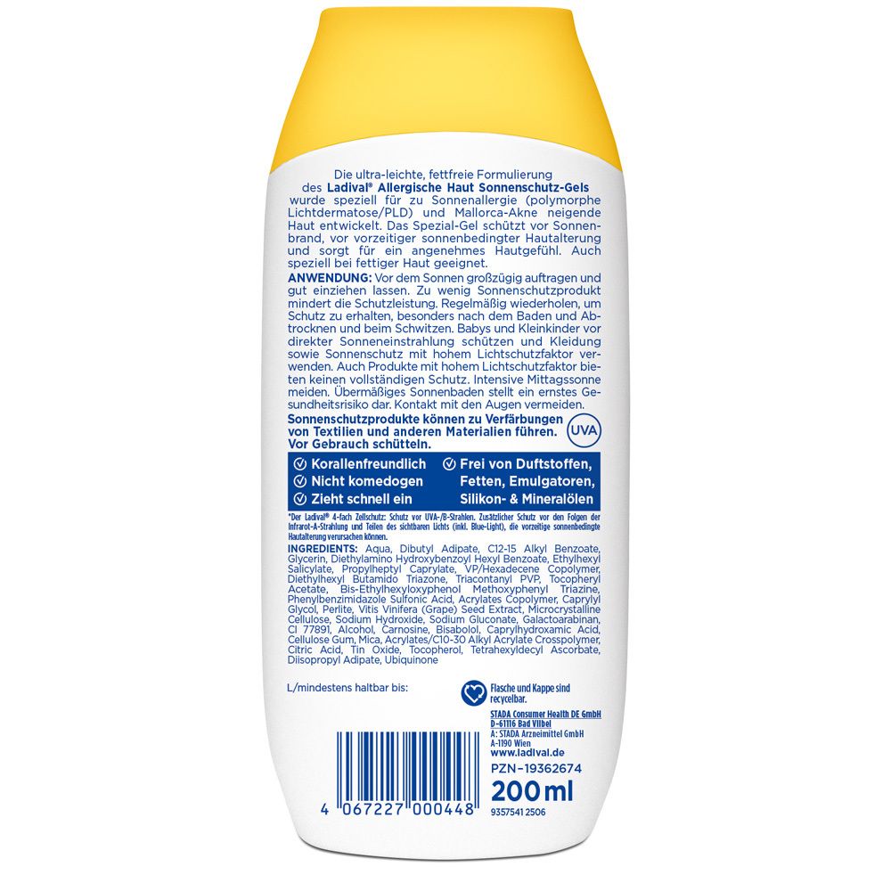 Rückseite der weißen Flasche. Text über die Inhaltsstoffe und Anwendung des Produkts. 200 ml.
