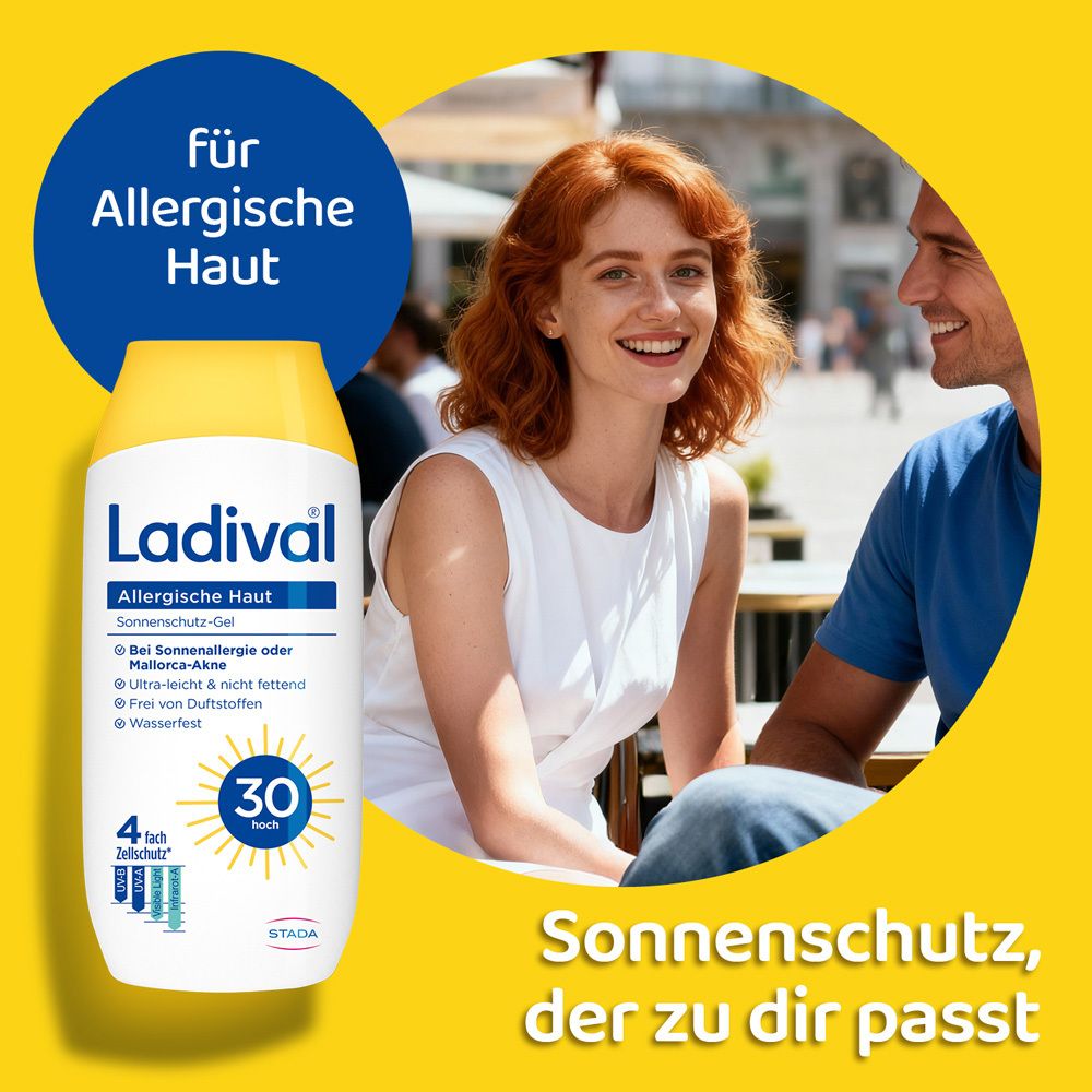 Frau und Mann im Freien. Produkt neben ihnen. Text: Sonnenschutz, der zu dir passt. Für allergische Haut.
