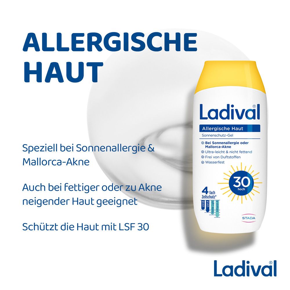 Produkt neben Text: Allergische Haut. Speziell bei Sonnenallergie & Mallorca-Akne. Mit LSF 30.