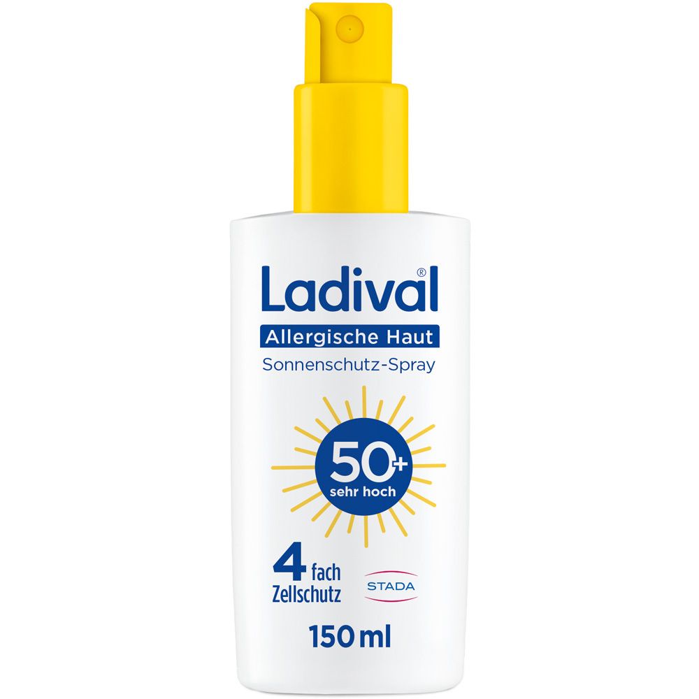 Ladival® Allergische Haut Sonnenschutz-Spray LSF 50+ in einer weißen Flasche mit gelbem Sprühkopf. Aufschrift: 50+ sehr hoch, 150 ml.