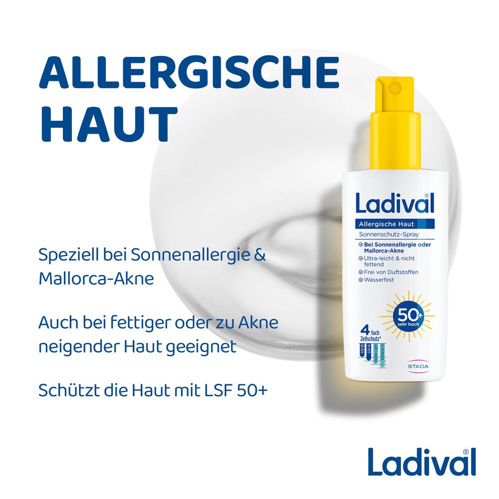 Ladival® Allergische Haut Sonnenschutz-Spray. Text: Allergische Haut. Speziell bei Sonnenallergie & Mallorca-Akne. LSF 50+.