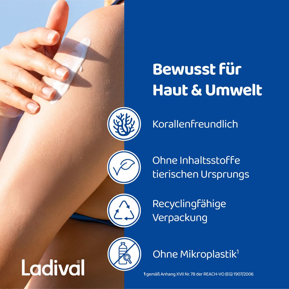 Text: Bewusst für Haut & Umwelt. Korallenfreundlich. Ohne Inhaltsstoffe tierischen Ursprungs. Recyclingfähige Verpackung. Ohne Mikroplastik.
