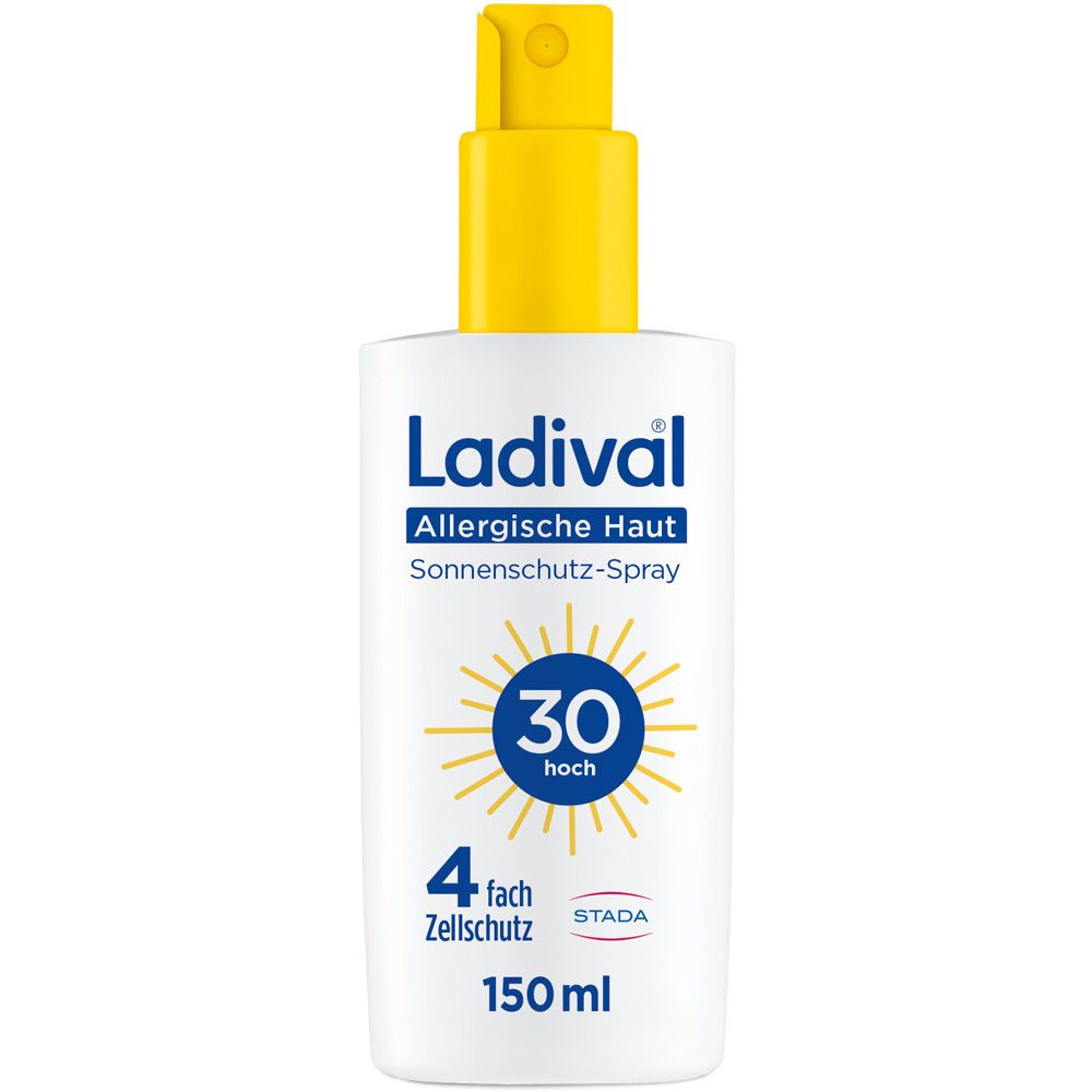 Ladival® Sonnenschutz-Spray LSF 30 für allergische Haut. Weiße Flasche mit gelbem Sprühkopf. 150 ml.