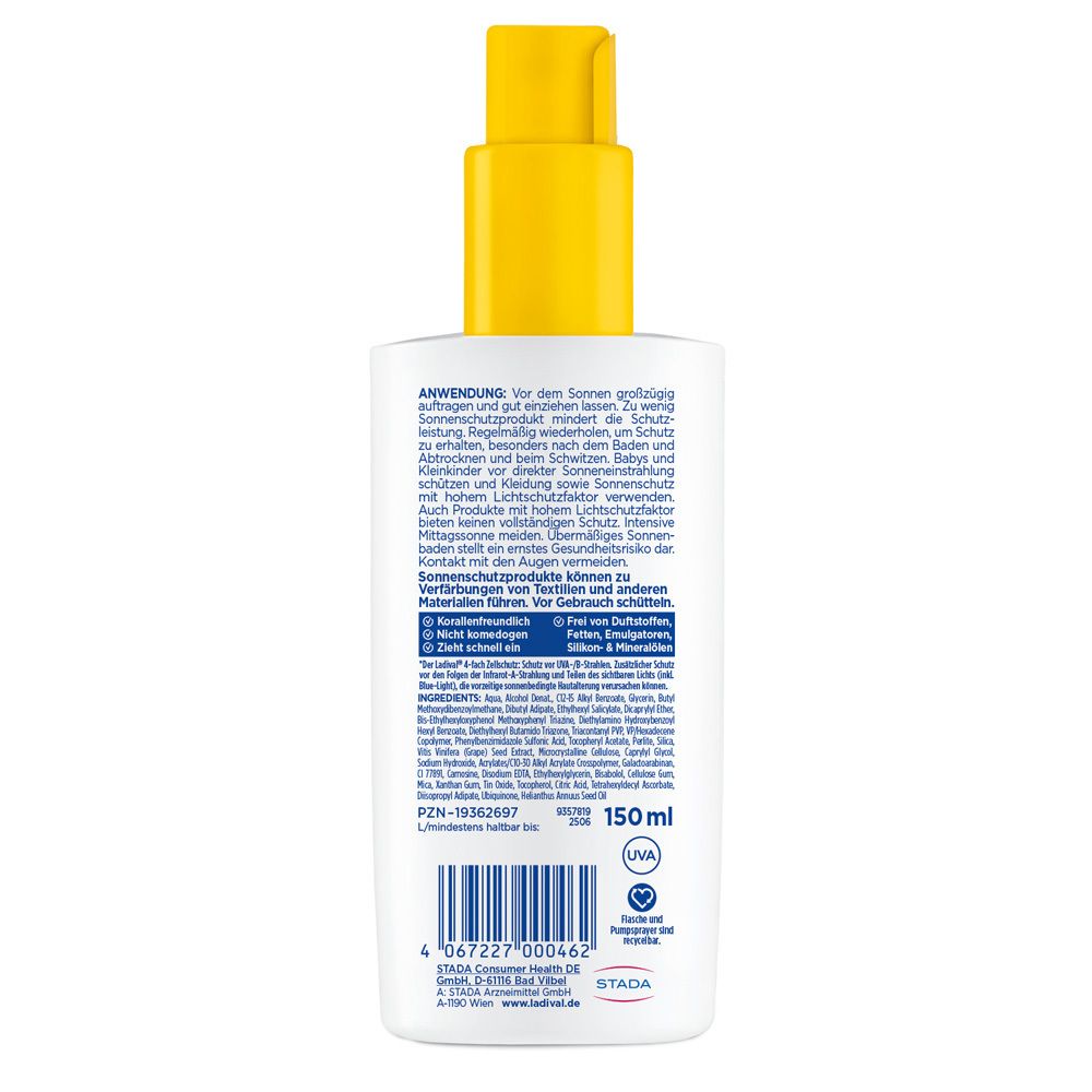 Rückseite der Ladival® Sonnenschutz-Spray Flasche. Textinformationen. 150 ml. STADA.