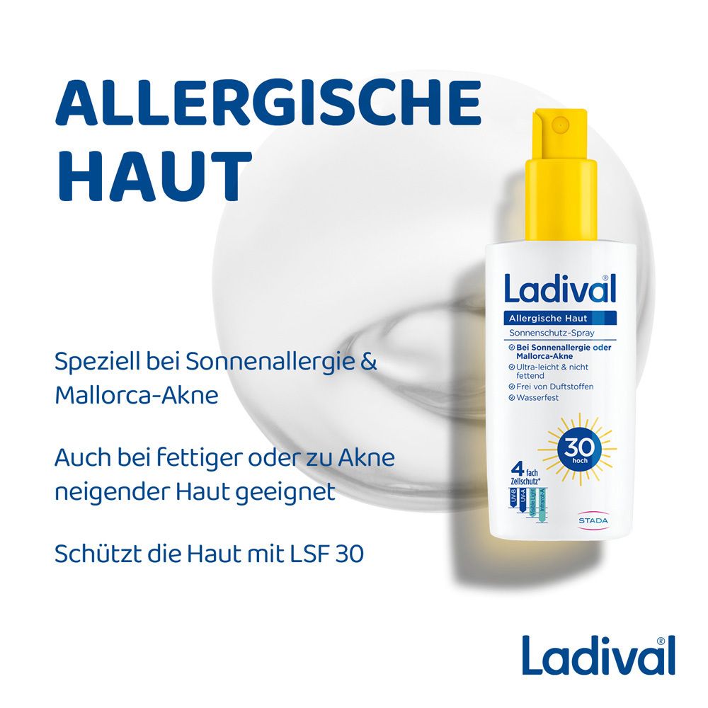 Ladival® Sonnenschutz-Spray für allergische Haut. Text und Produktabbildung. Gelber Hintergrund.