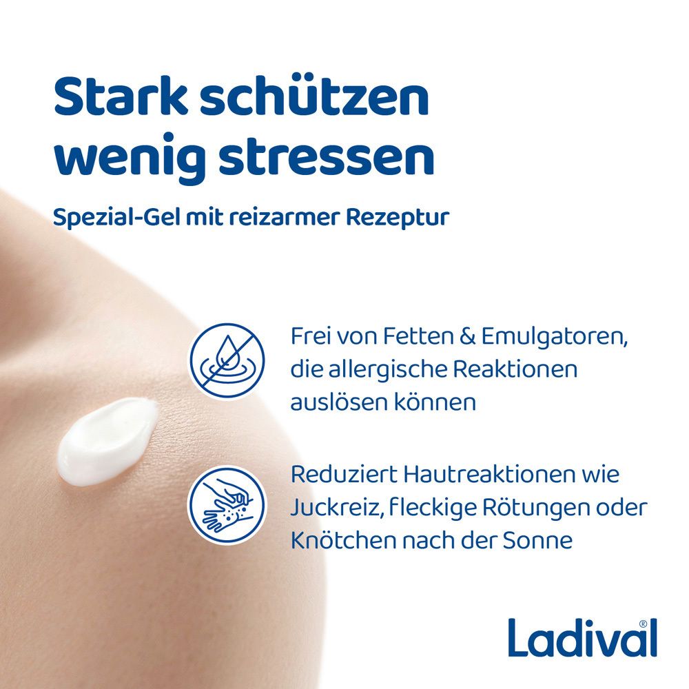 Spezial-Gel mit reizarmer Rezeptur. Produktabbildung und Icons. Ladival® Logo.