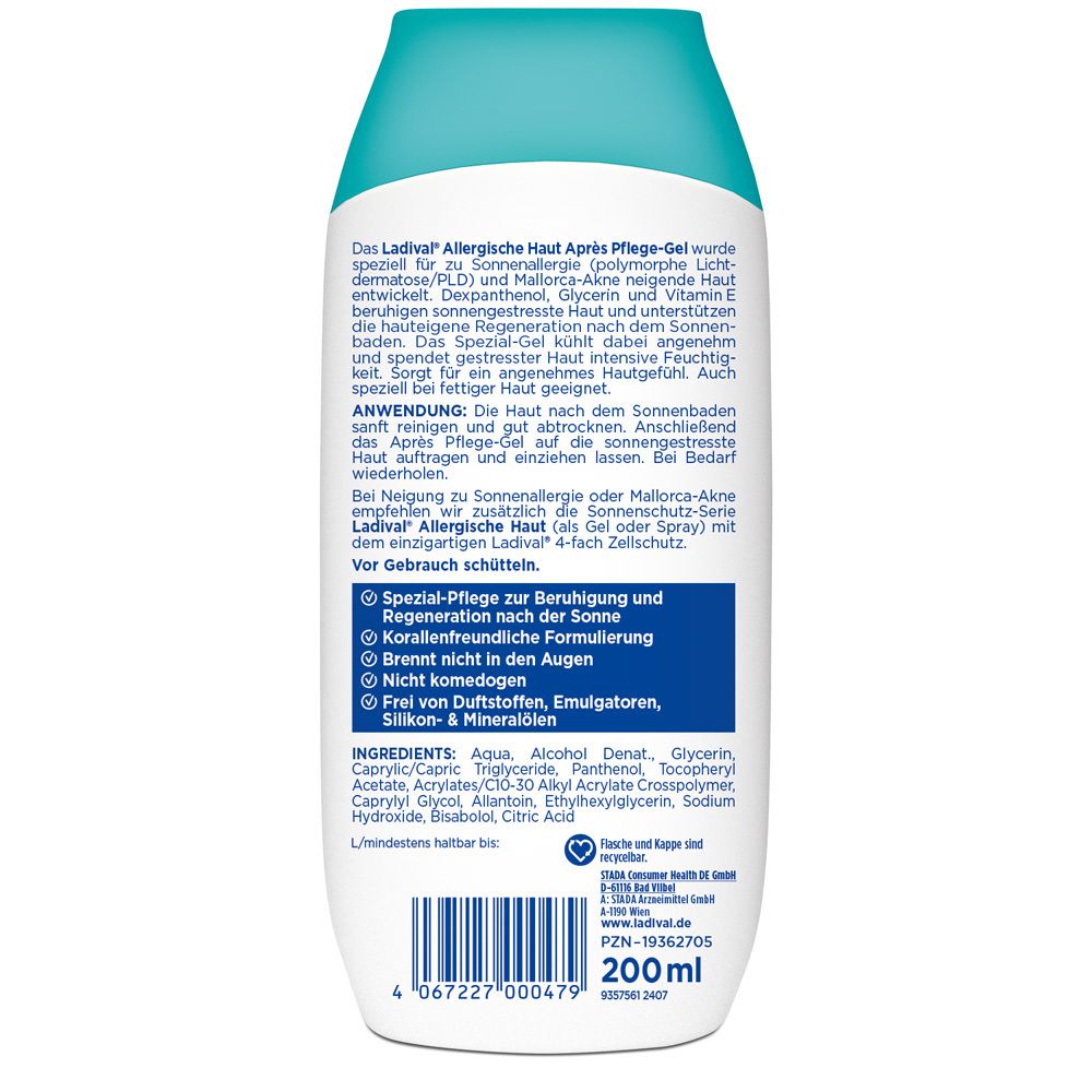 Rückseite der weißen Flasche. Text über das Produkt und Inhaltsstoffe. 200ml.