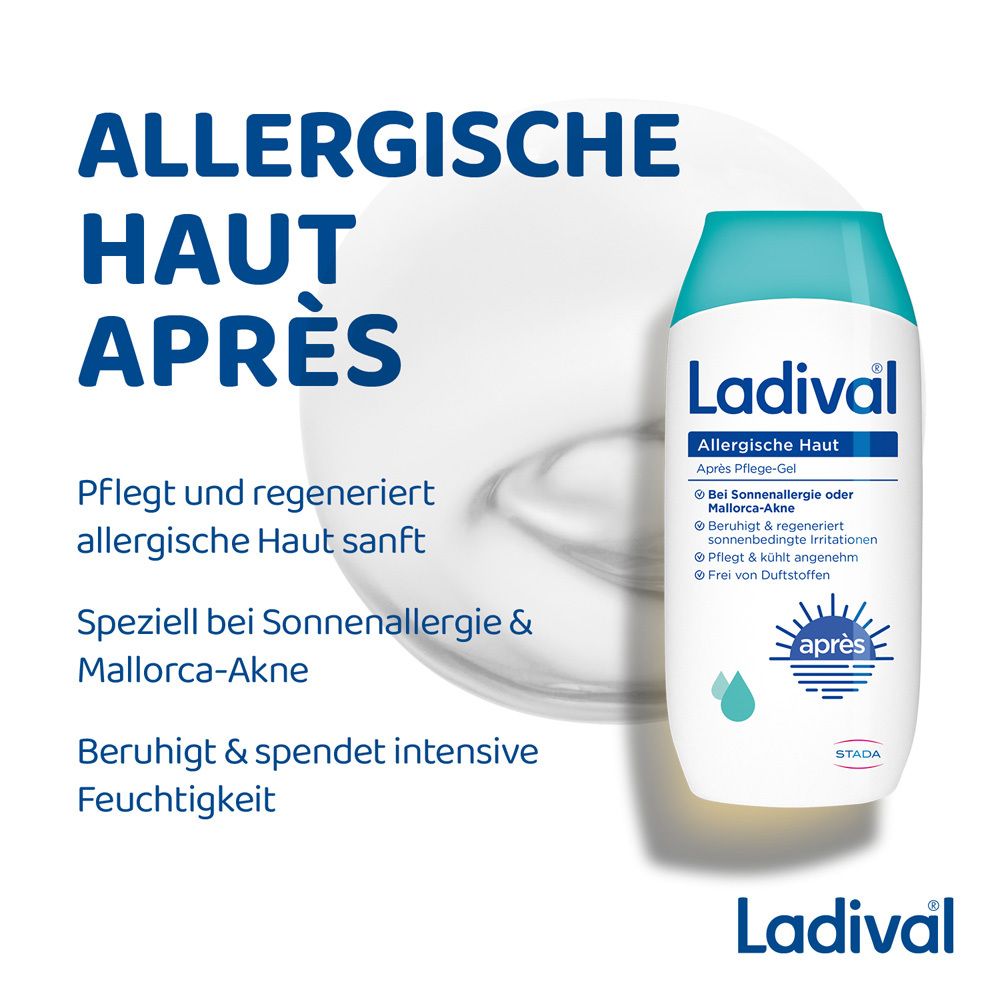 Produktflasche und Text: Allergische Haut Après. Pflegt und regeneriert allergische Haut.