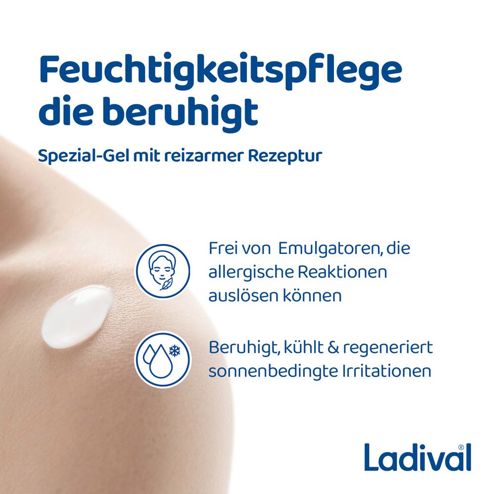 Nahaufnahme einer Hautpartie. Text: Feuchtigkeitspflege die beruhigt. Illustrationen.