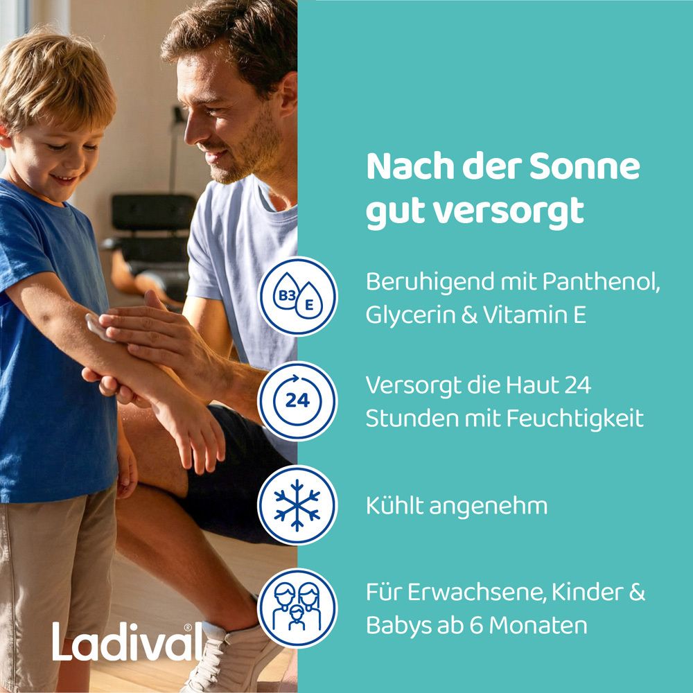 Vater und Sohn tragen Gel auf. Text: Nach der Sonne gut versorgt. Illustrationen.