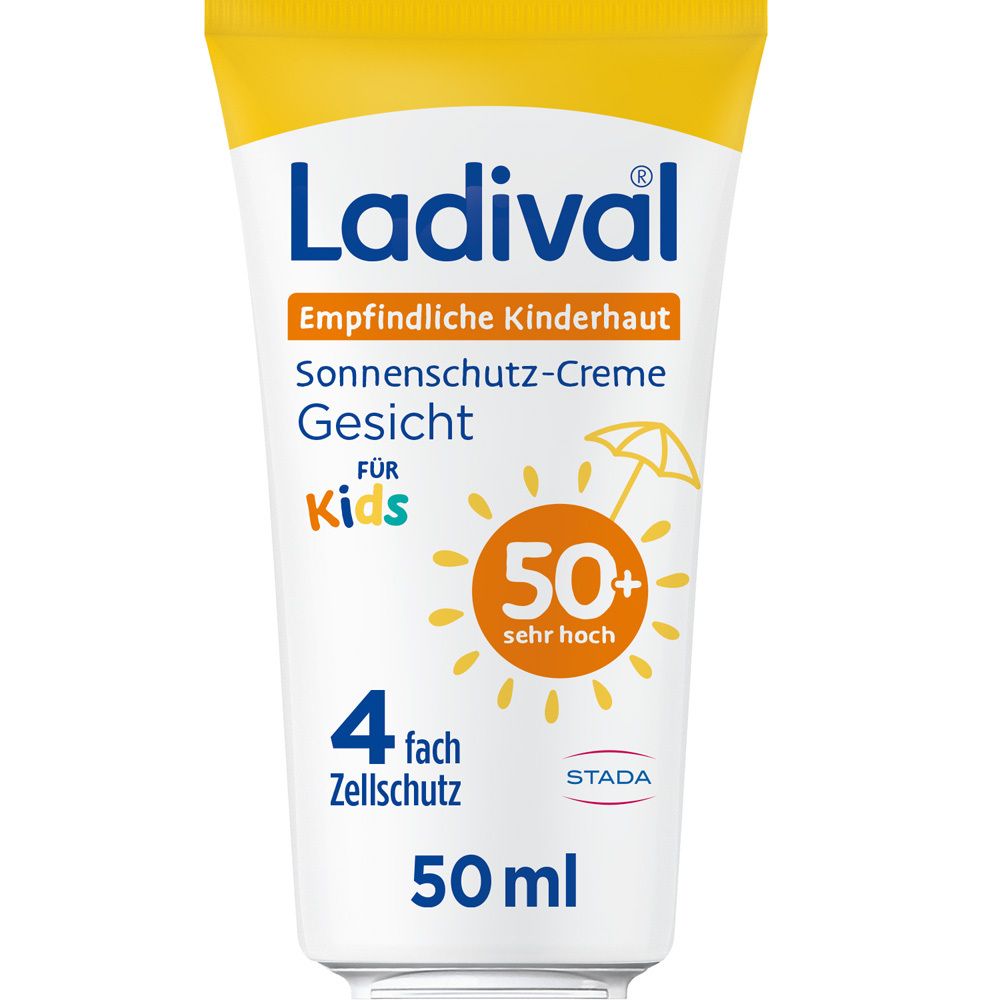 Sonnencreme-Tube mit Ladival-Logo. Text: Empfindliche Kinderhaut, Sonnenschutz-Creme Gesicht, 50+ sehr hoch, 4-fach Zellschutz, 50ml.