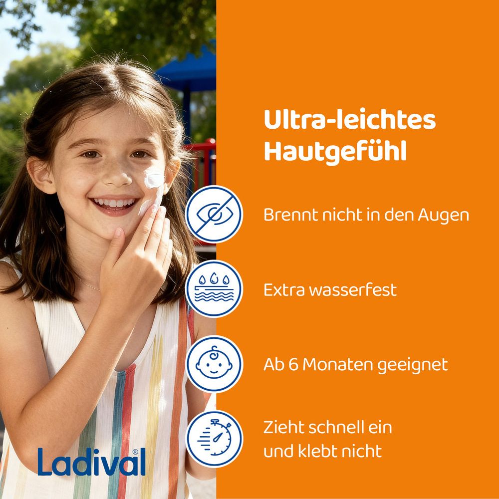 Kind lächelt. Text: Ultra-leichtes Hautgefühl. Brennt nicht in den Augen. Extra wasserfest. Ab 6 Monaten geeignet. Zieht schnell ein.