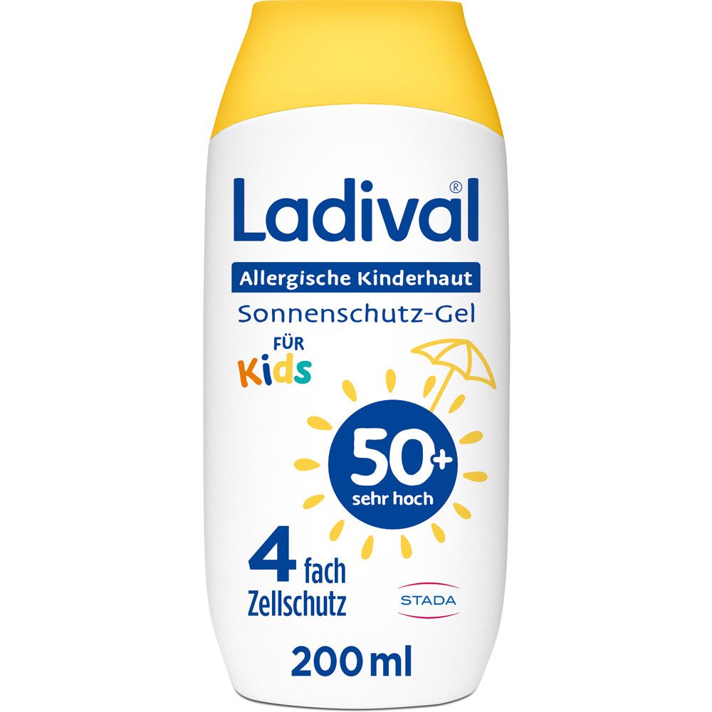 Weißes Ladival® Sonnenschutz-Gel für allergische Kinderhaut. Gelbe Kappe. Text: 50+ sehr hoch, 200ml.