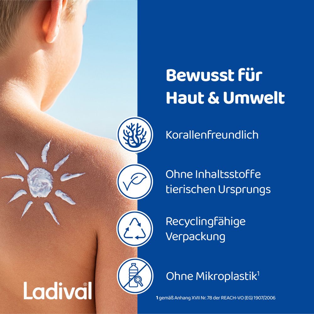 Kind mit Sonnencreme auf dem Rücken. Text: Korallenfreundlich, ohne tierische Inhaltsstoffe, recycelbar, ohne Mikroplastik.