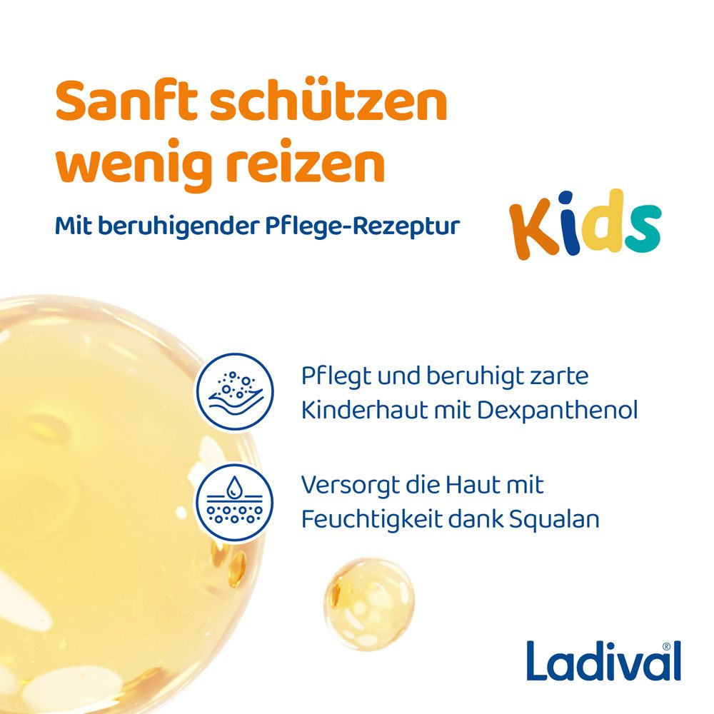 Gelbe Flüssigkeit mit Text: Sanft schützen, wenig reizen. Text: Mit beruhigender Pflege-Rezeptur. Kids. Text: Versorgt die Haut mit Feuchtigkeit.