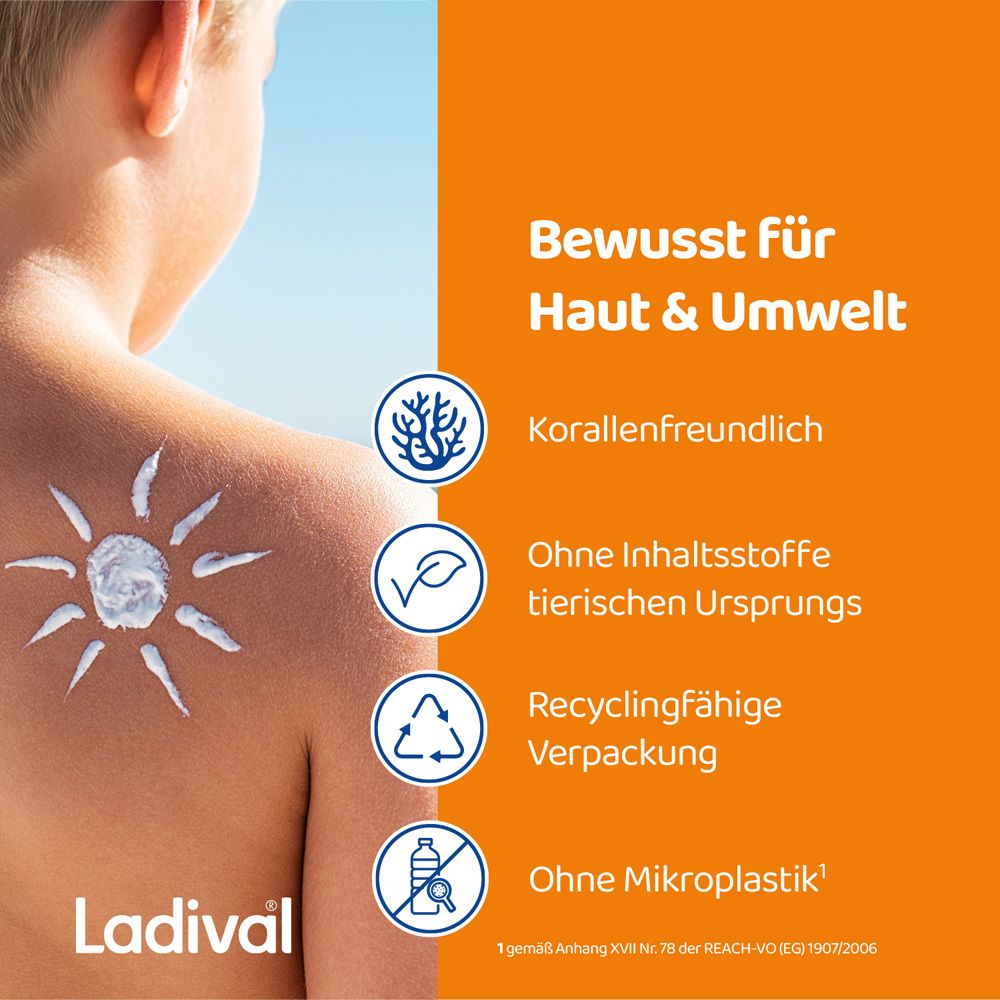 Junge mit Sonnenmilch auf dem Rücken. Text: Bewusst für Haut & Umwelt. Text: Korallenfreundlich, ohne tierische Inhaltsstoffe, recyclingfähig.
