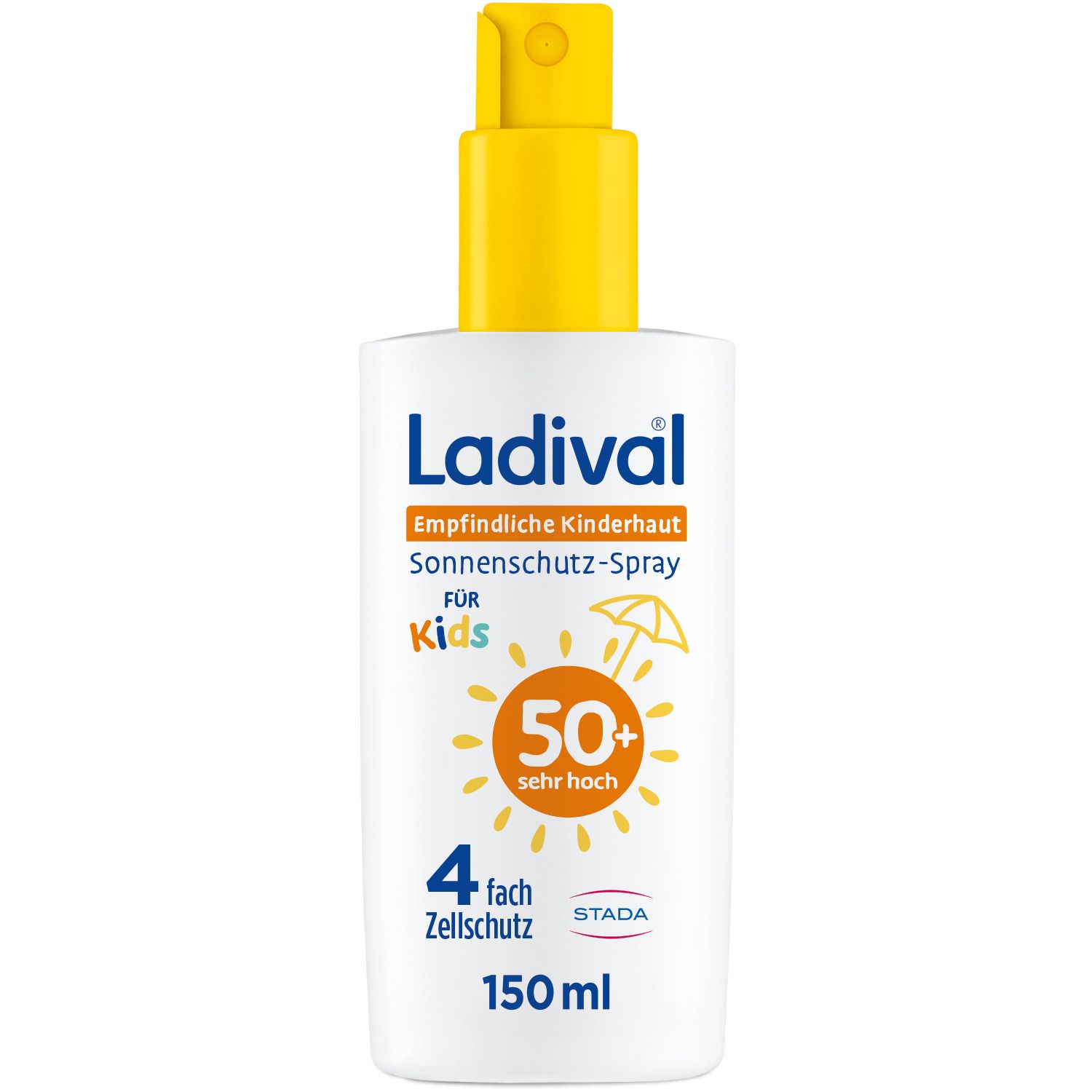Ladival® Sonnenschutz-Spray für Kinder. Weiße Flasche mit gelbem Sprühkopf. Enthält LSF 50+ und 150 ml.