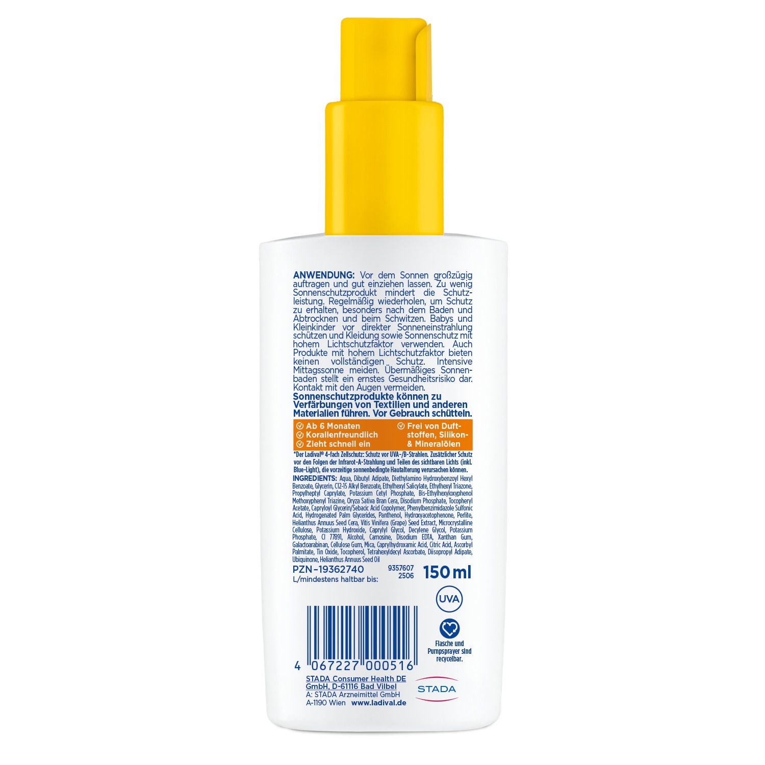 Rückseite der Ladival® Sonnenschutz-Spray-Flasche. Enthält Informationen zu Anwendung und Inhaltsstoffen.