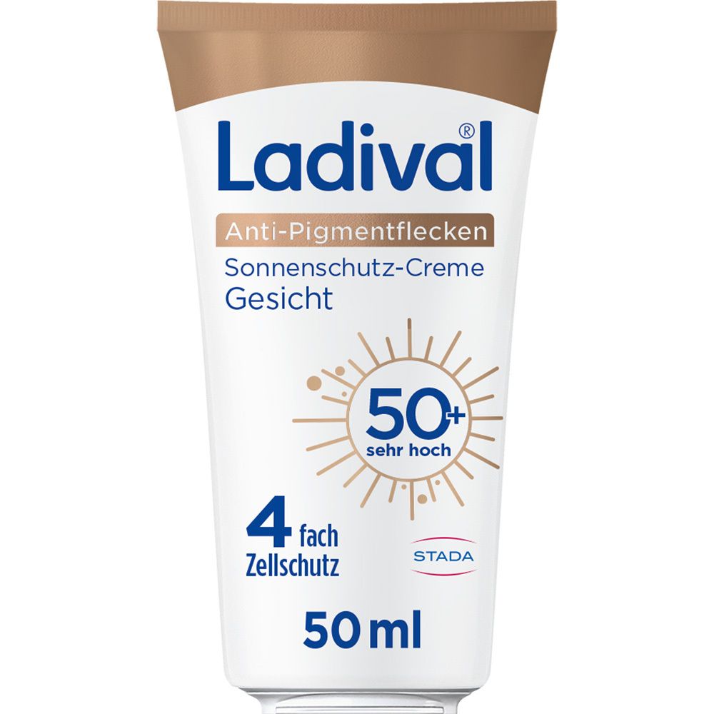 Ladival Anti-Pigmentflecken Sonnenschutz-Creme Gesicht LSF 50+ Tube. Weiße Tube mit braunem Deckel. Text: Anti-Pigmentflecken, 50+ sehr hoch.