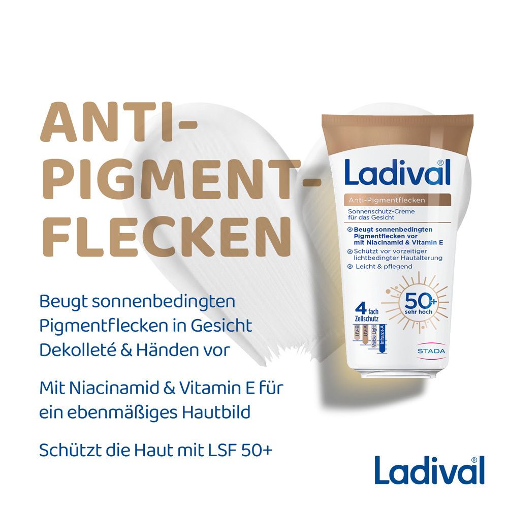 Ladival Anti-Pigmentflecken Sonnenschutz-Creme Gesicht LSF 50+ Tube. Text: Anti-Pigmentflecken, 4fach Zellschutz, LSF 50+.