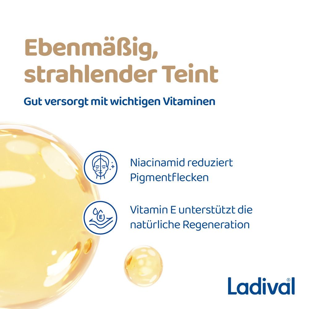 Gelber Hintergrund mit Illustrationen. Text: Ebenmäßiger, strahlender Teint. Niacinamid reduziert Pigmentflecken. Vitamin E.