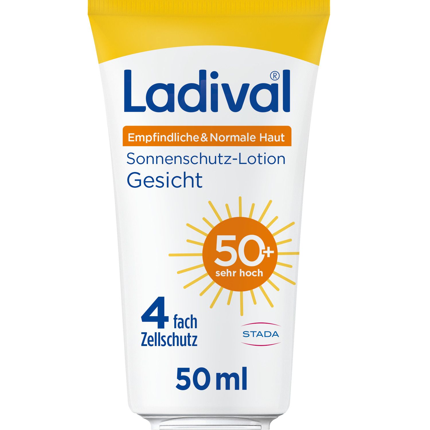 Weiße Tube mit gelbem Deckel. Aufschrift: Ladival, Sonnenschutz-Lotion Gesicht, LSF 50+. 50ml.