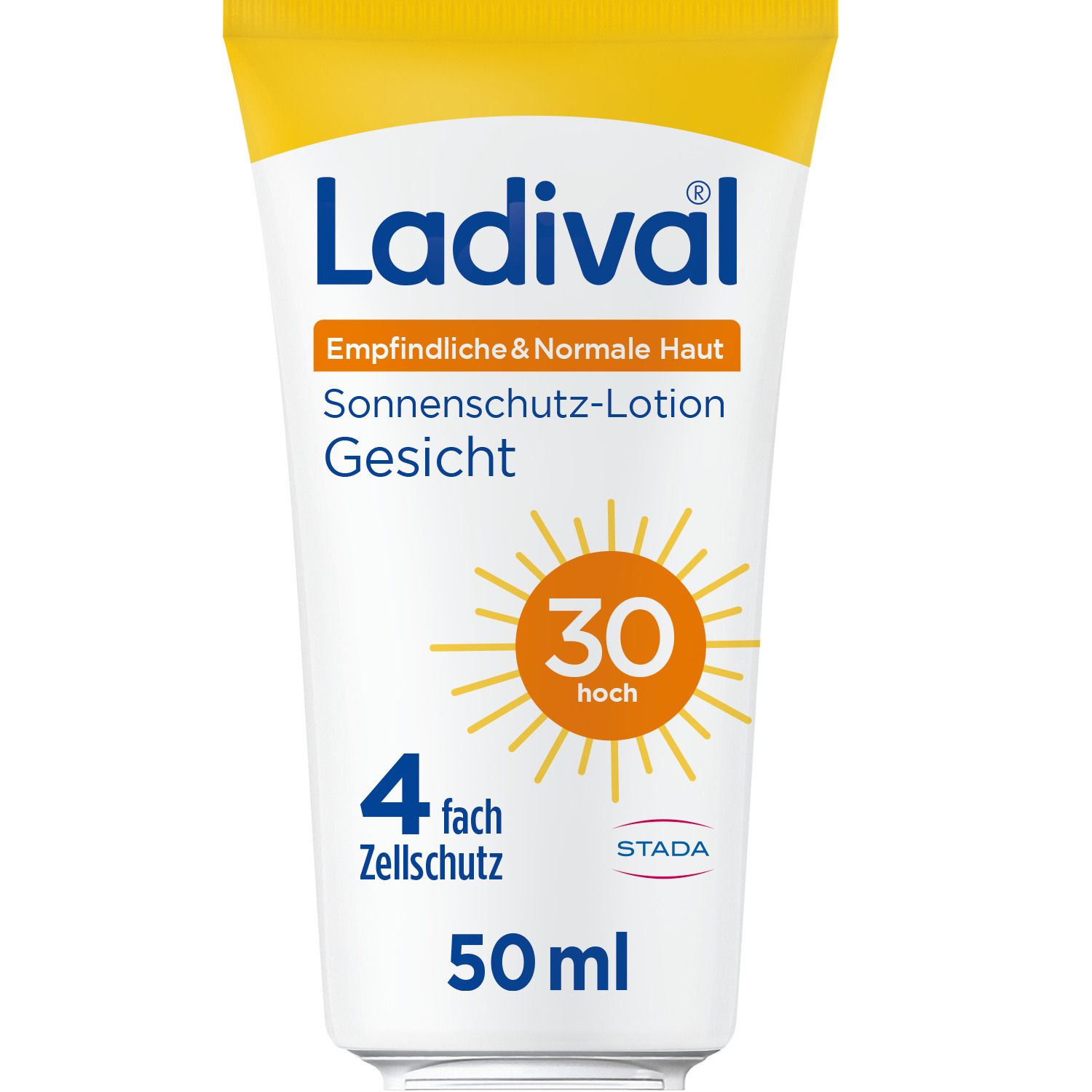 Ladival® Sonnenschutz-Lotion für das Gesicht. Weiße Tube mit gelbem Deckel. LSF 30. 50ml. Für empfindliche & normale Haut.
