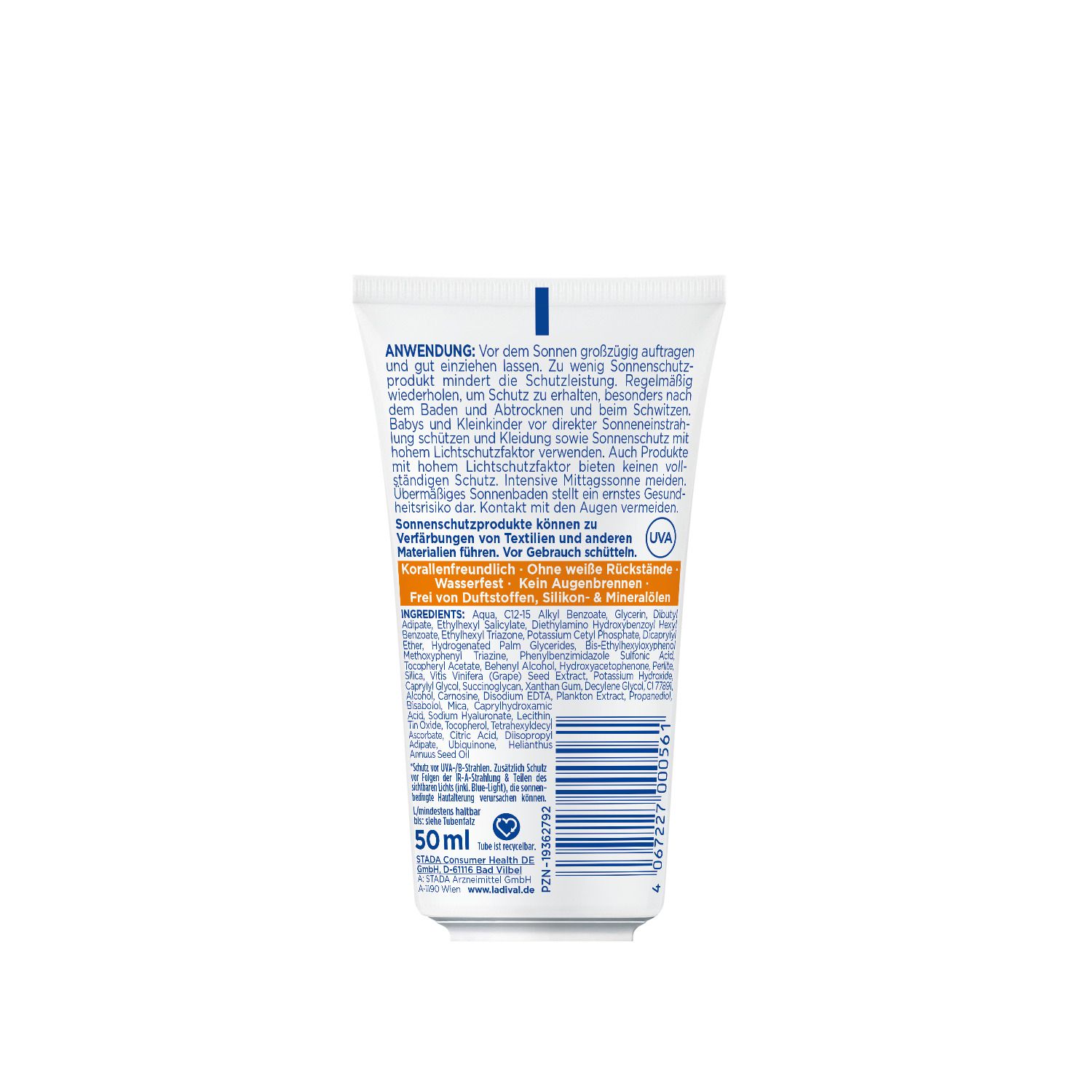 Rückseite der Ladival® Sonnenschutz-Lotion. Text mit Anwendungs- und Inhaltsstoffinformationen. 50ml. Wasserfest.