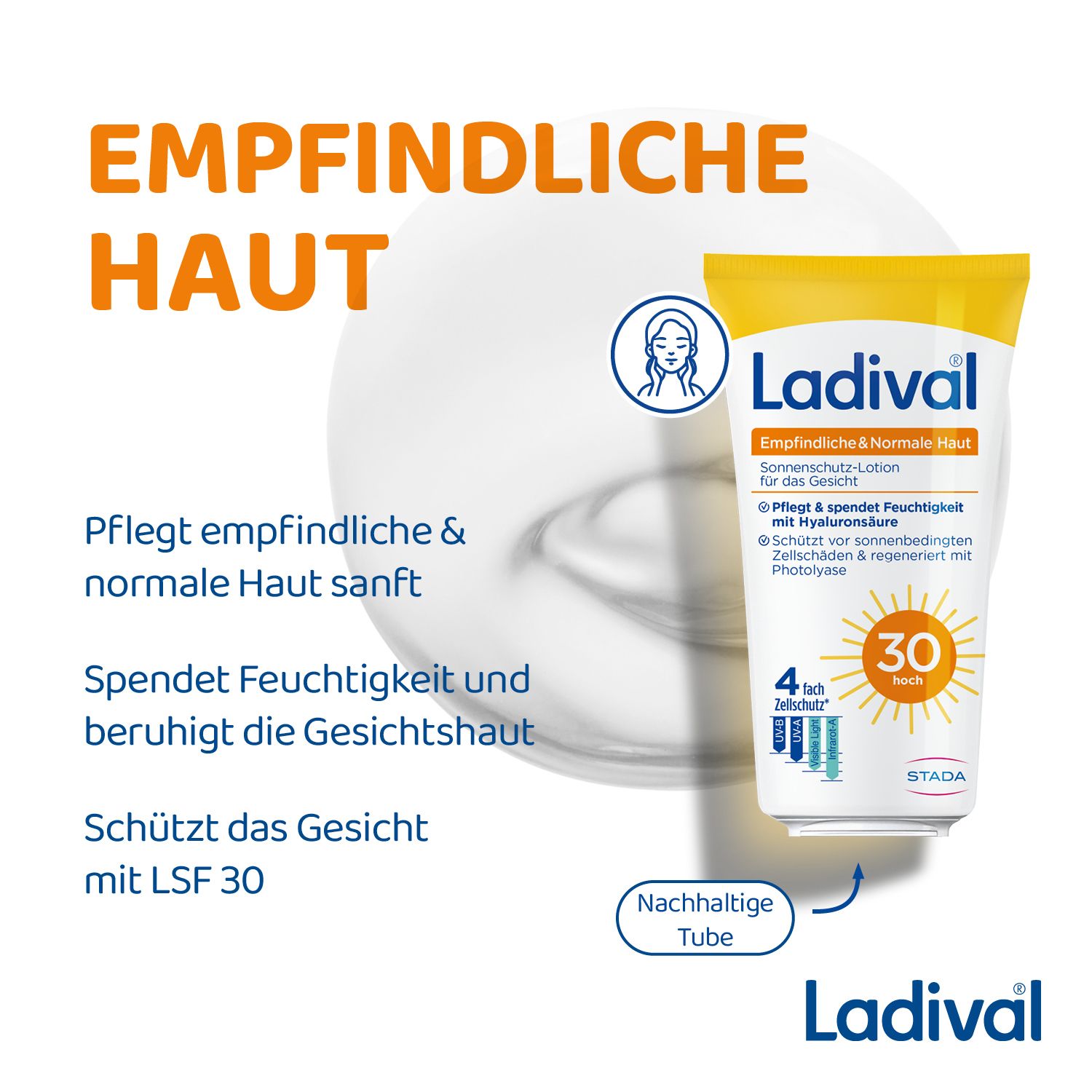 Ladival® Sonnenschutz-Lotion für das Gesicht. Für empfindliche Haut. Pflegt & spendet Feuchtigkeit. LSF 30. Weiße Tube.