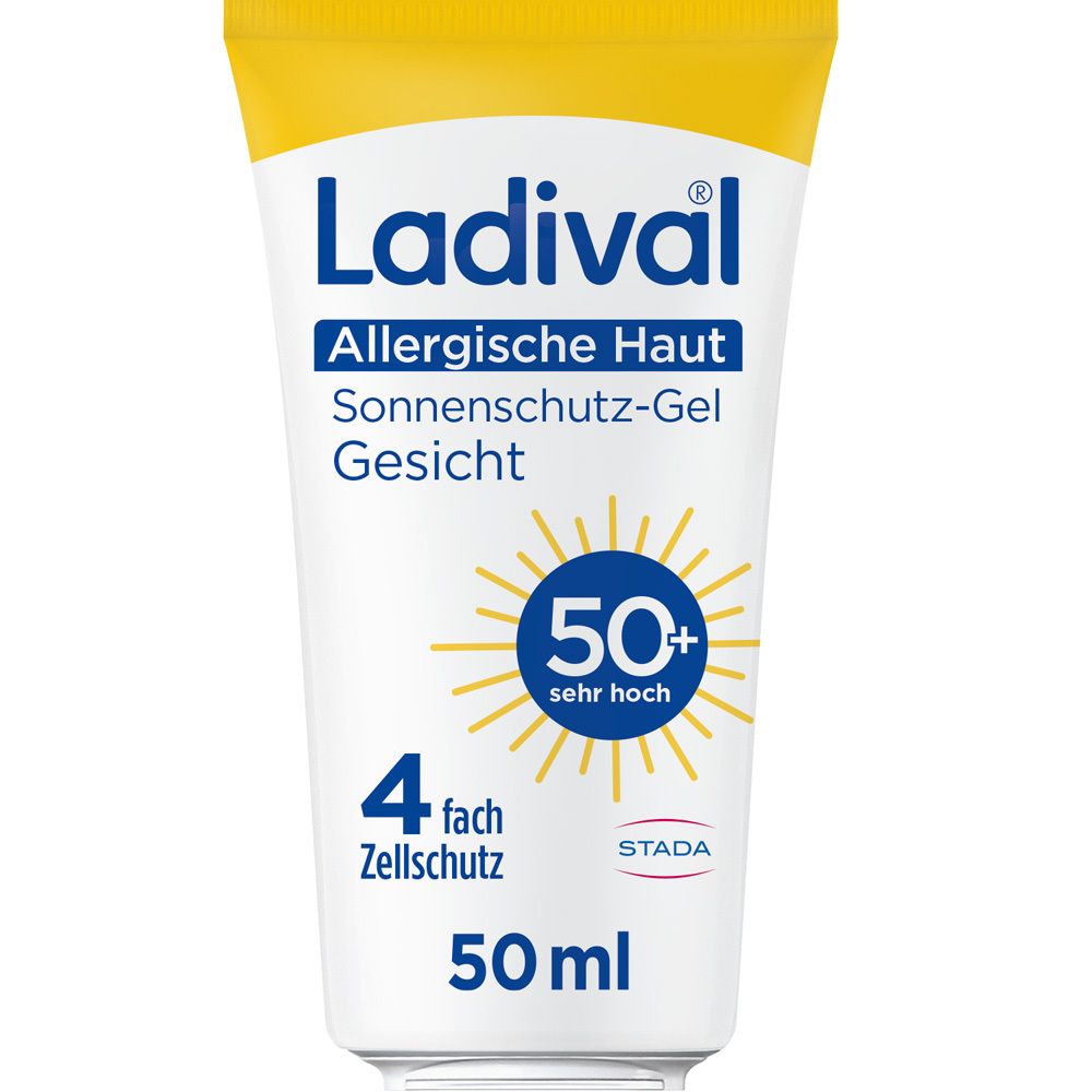 Ladival® Allergische Haut Sonnenschutz-Gel Gesicht LSF 50+ Tube. Weiß, gelb und blau. 50 ml.
