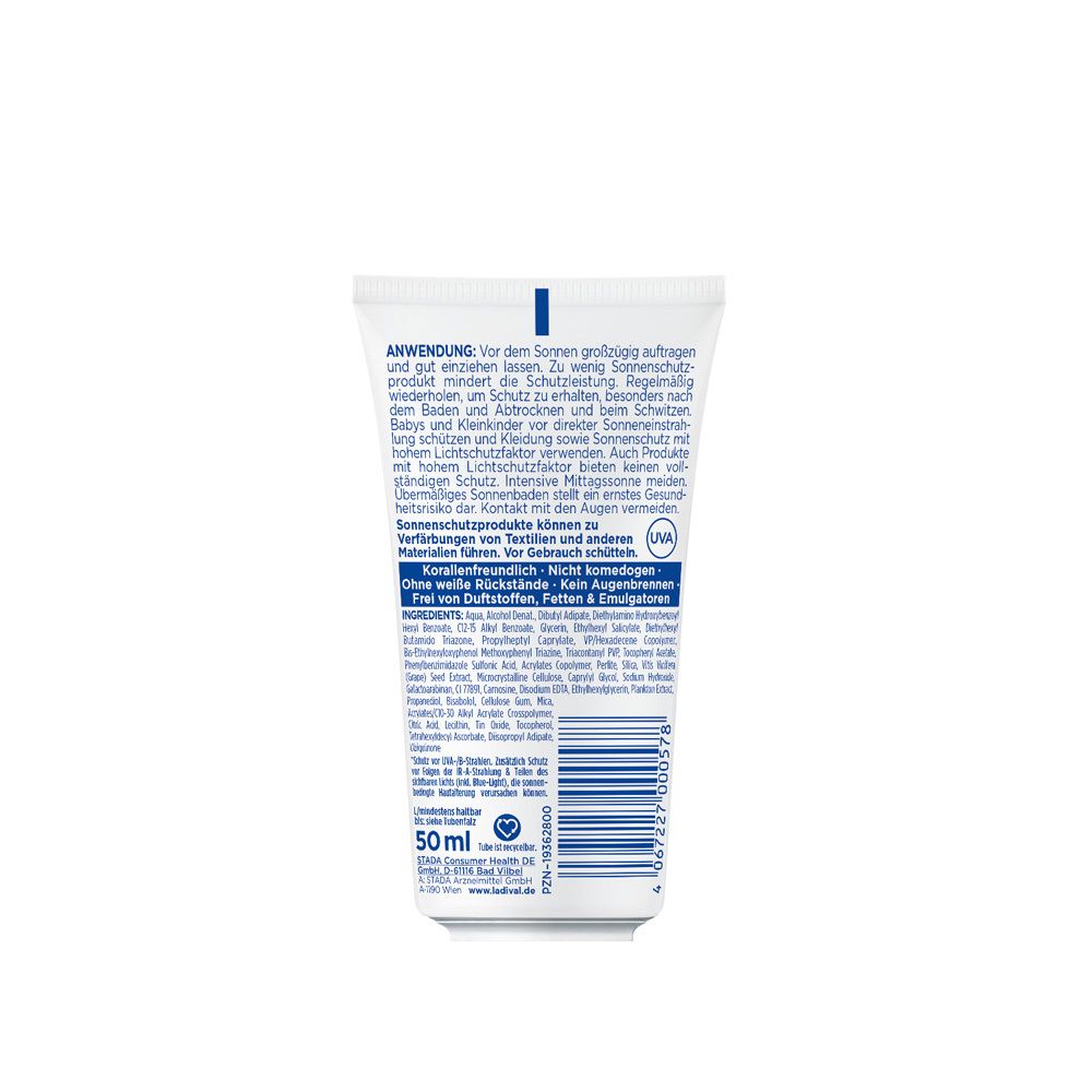 Rückseite der Ladival® Allergische Haut Sonnenschutz-Gel Gesicht Tube. Text und Barcode.