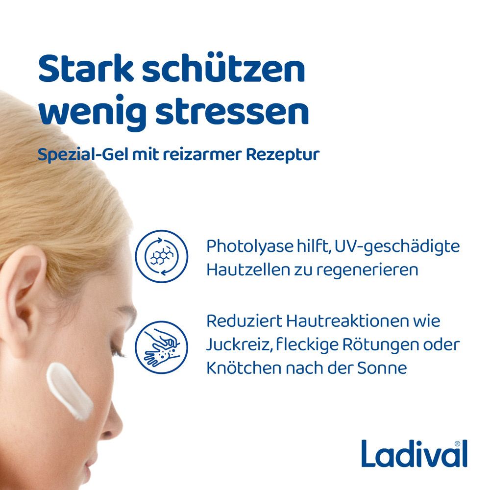 Frau mit Ladival® Gel. Spezial-Gel mit reizarmer Rezeptur. Hilft bei Hautreaktionen.