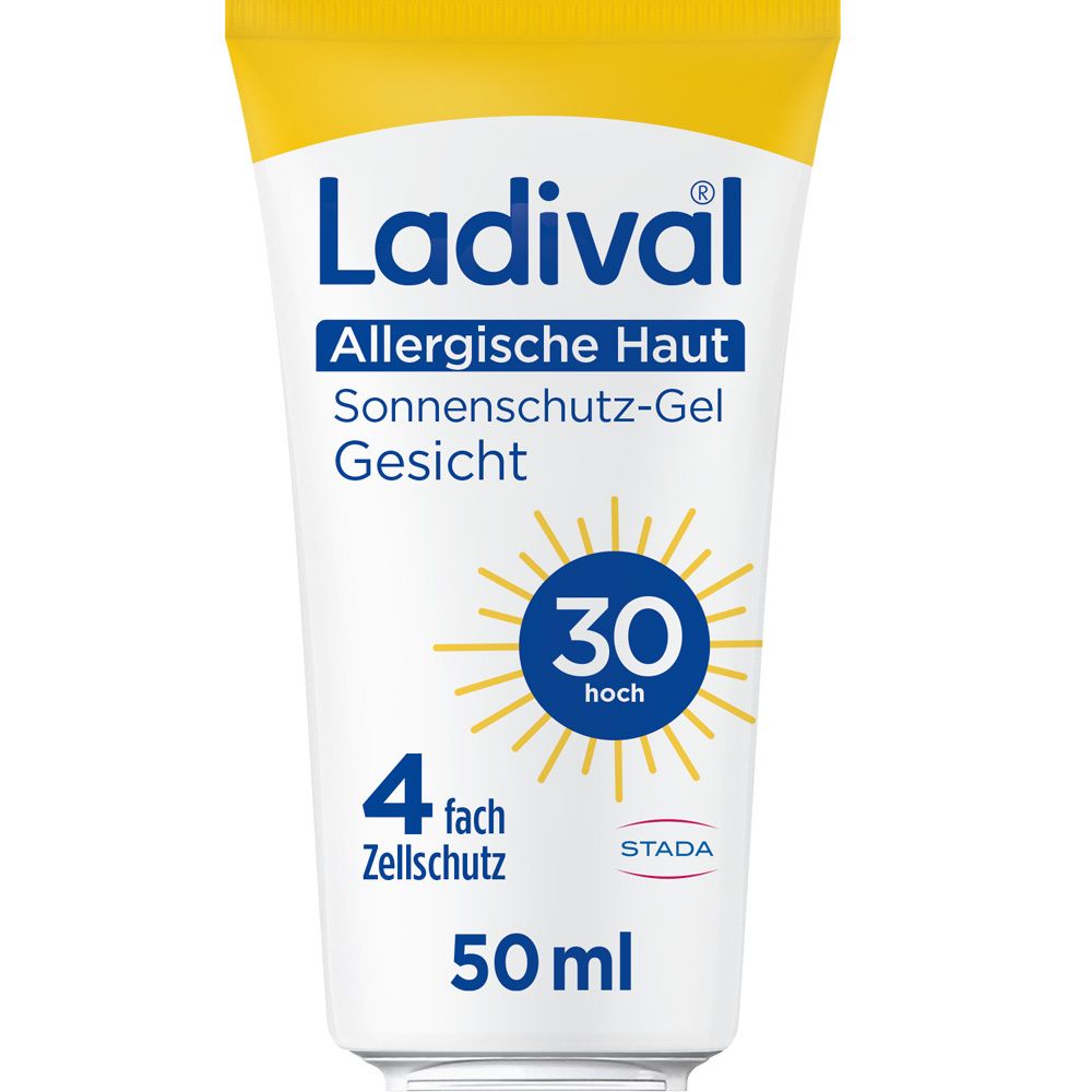 Weiße Tube mit gelbem Deckel. Aufschrift: Ladival, Allergische Haut Sonnenschutz-Gel Gesicht LSF 30. 4-fach Zellschutz. 50 ml.