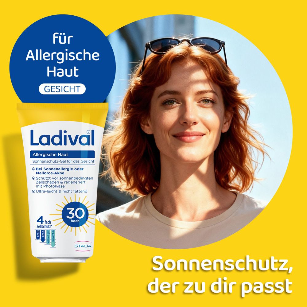Frau mit Sonnenbrille. Produkt neben ihr. Text: Sonnenschutz, der zu dir passt. Produkt: Ladival, Allergische Haut, Gesicht, LSF 30.